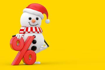 Poster - Snowman in Santa Claus Hat Character Mascot with Red Retail Percent Sale or Discount Sign. 3d Rendering