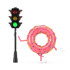 Poster - Big Strawberry Pink Glazed Donut Character Mascot with Traffic Green Light. 3d Rendering