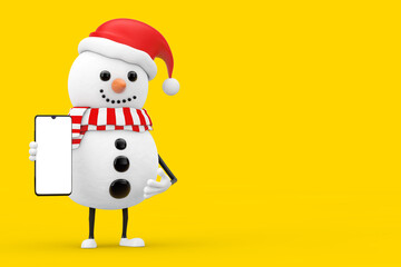 Poster - Snowman in Santa Claus Hat Character Mascot with Modern Mobile Phone with Blank Screen for Your Design. 3d Rendering