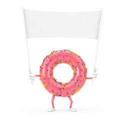 Poster - Big Strawberry Pink Glazed Donut Character Mascot and Empty White Blank Banner with Free Space for Your Design. 3d Rendering