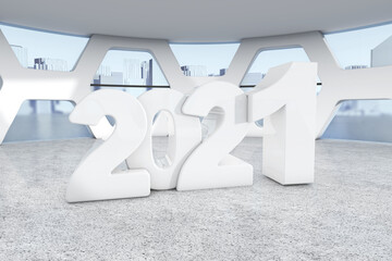Poster - White New 2021 Year Sign in Abstract Bright Office Meeting Room. 3d Rendering