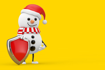 Poster - Snowman in Santa Claus Hat Character Mascot with Red Metal Protection Shield. 3d Rendering