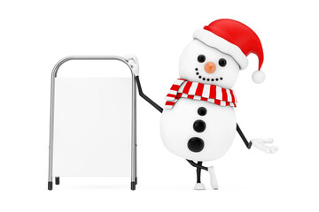 Aufkleber - Snowman in Santa Claus Hat Character Mascot with White Blank Advertising Promotion Stand. 3d Rendering