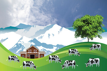 Picturesque rural scene with a herd of cows grazing on summer mountainous lowland pastures set against a cloudy blue sky