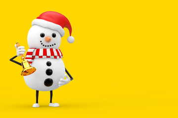 Poster - Snowman in Santa Claus Hat Character Mascot with Vintage Golden School Bell. 3d Rendering