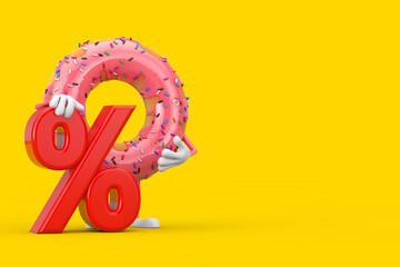Poster - Big Strawberry Pink Glazed Donut Character Mascot with Red Retail Percent Sale or Discount Sign. 3d Rendering