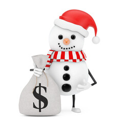 Poster - Snowman in Santa Claus Hat Character Mascot with Tied Rustic Canvas Linen Money Sack or Money Bag with Dollar Sign. 3d Rendering