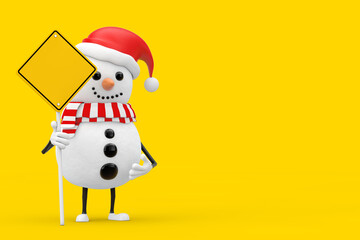 Aufkleber - Snowman in Santa Claus Hat Character Mascot and Yellow Road Sign with Free Space for Yours Design. 3d Rendering