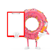 Poster - Big Strawberry Pink Glazed Donut Character Mascot with Red Plastic Clipboard, Paper and Pencil. 3d Rendering
