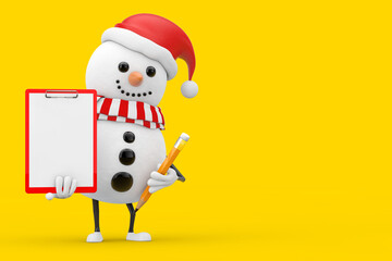 Aufkleber - Snowman in Santa Claus Hat Character Mascot with Red Plastic Clipboard, Paper and Pencil. 3d Rendering