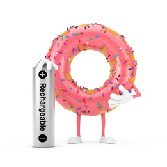 Poster - Big Strawberry Pink Glazed Donut Character Mascot with Rechargeable Battery. 3d Rendering