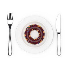 Poster - Fork and Knife near Plate with Big Chocolate Glazed Donut with Color Sprinkles, Top View. 3d Rendering