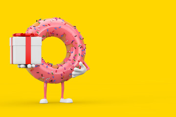 Poster - Big Strawberry Pink Glazed Donut Character Mascot with Gift Box with Red Ribbon. 3d Rendering