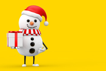 Poster - Snowman in Santa Claus Hat Character Mascot with Gift Box with Red Ribbon. 3d Rendering