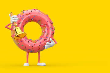 Poster - Big Strawberry Pink Glazed Donut Character Mascot with with Vintage Golden School Bell. 3d Rendering