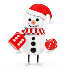 Aufkleber - Snowman in Santa Claus Hat Character Mascot with Red Game Dice Cubes in Flight. 3d Rendering