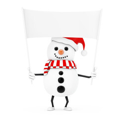 Poster - Snowman in Santa Claus Hat Character Mascot and Empty White Blank Banner with Free Space for Your Design. 3d Rendering