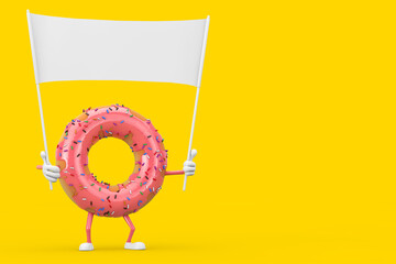 Poster - Big Strawberry Pink Glazed Donut Character Mascot and Empty White Blank Banner with Free Space for Your Design. 3d Rendering