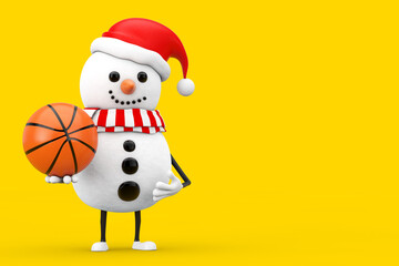 Poster - Snowman in Santa Claus Hat  Character Mascot with Basketball Ball. 3d Rendering