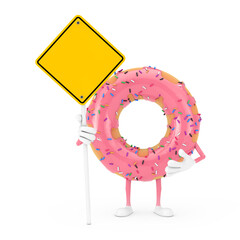 Poster - Big Strawberry Pink Glazed Donut Character Mascot with Yellow Road Sign with Free Space for Yours Design. 3d Rendering