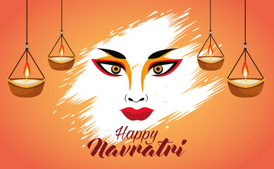 Canvas Print - happy navratri celebration with goddess amba face and candles hanging