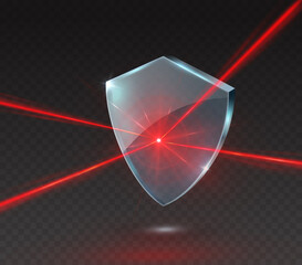 Wall Mural - Laser beam with shield isolated on transparent background. Abstract red shine light ray, glow lazer flash effect and blue acrylic glass panel. Vector technology power protect icon