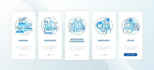 Sleep disorder types blue onboarding mobile app page screen with concepts. Problem with nighttime rest walkthrough 5 steps graphic instructions. UI vector template with RGB color illustrations