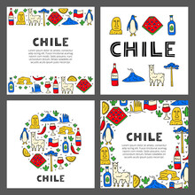 Set Of Cards With Lettering And Doodle Colored Chile Icons Including Easter Island Statue, Villarrica Volcano, Araucaria Tree, Empanadas, Penguin, Poncho, Alpaca Isolated On Grey Background.
