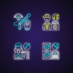 Poster - Modern street music neon light icons set. Heavy metal style. Classic rock composition. Hip hop singer with gold chain. Signs with outer glowing effect. Vector isolated RGB color illustrations