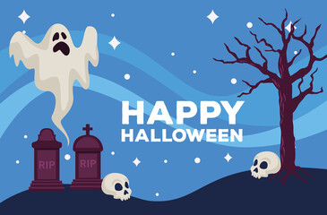 Sticker - happy halloween celebration card with ghost in cemetery scene