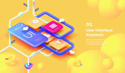 Wall Mural - modern mobile app user interface concept. 3d smartphone on a yellow background with tools for creati