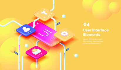 Wall Mural - Modern mobile app user interface concept. 3D Smartphone on a yellow background with tools for creating a mobile interface. Mobile interface design. Modern vector illustration isometric style.