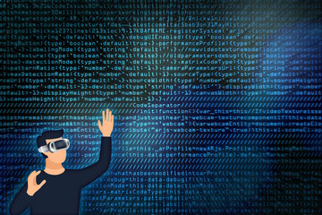 vr ar concept. looking through lens with code in the background.