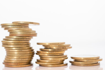 gold coin stack row growing pile on white background for money saving and investment business financial and banking concept.