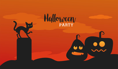 Sticker - happy halloween celebration with black cat and pumpkins scene