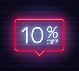 Wall Mural - 10 percent off neon sign on brick wall background. Vector illustration.