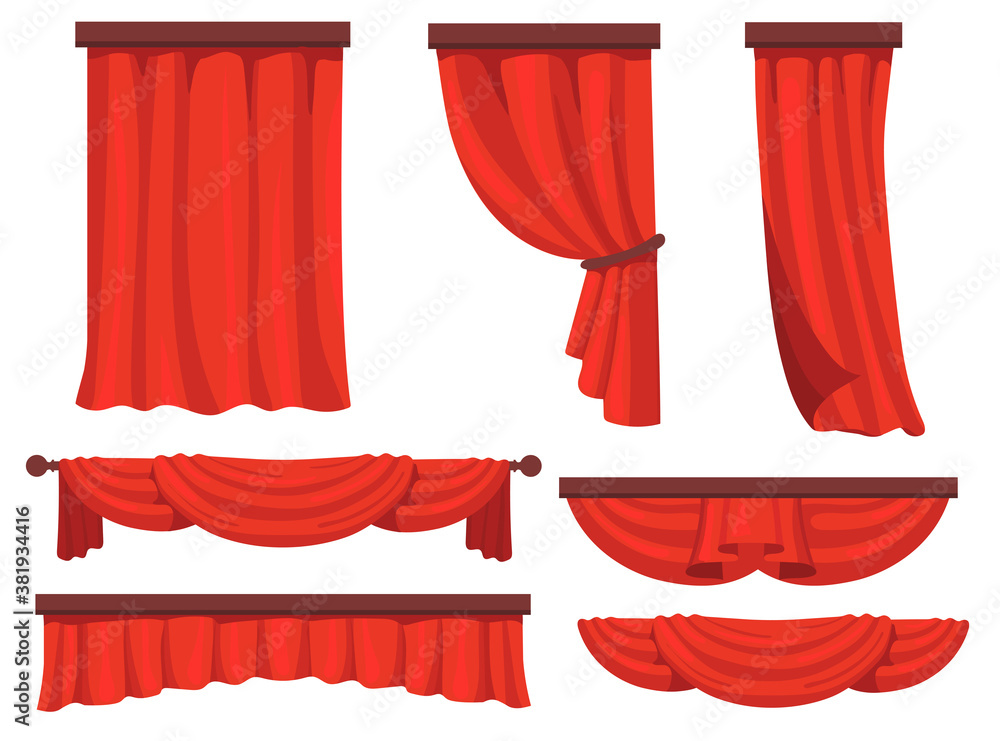Stage red curtains flat set for web design. Cartoon fabric for ...