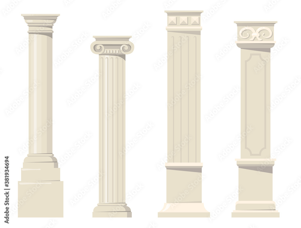 Vintage classic carved architectural pillars flat set for web design. Cartoon roman, renaissance or baroque columns for interior isolated vector collection. Building design and decoration concept - obrazy, fototapety, plakaty 