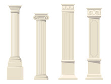 Vintage Classic Carved Architectural Pillars Flat Set For Web Design. Cartoon Roman, Renaissance Or Baroque Columns For Interior Isolated Vector Collection. Building Design And Decoration Concept