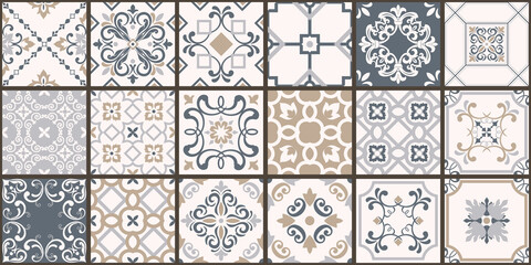 Naklejka na meble Collection of 18 ceramic tiles in turkish style. Seamless colorful patchwork from Azulejo tiles. Portuguese and Spain decor. Islam, Arabic, Indian, Ottoman motif. Vector Hand drawn background