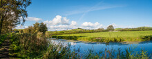 Panaorama Of English Rural Countryside Scenery On British Waterway Canal