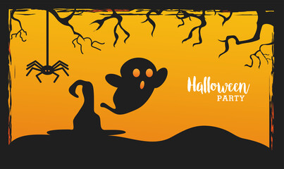 Sticker - happy halloween celebration with ghost and witch hat scene