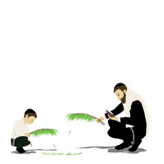 A Hassidic Jew with a tallit and next to him a young religious Jewish boy beating a willow on Sukkot on Hoshana Rabba They say Hoshanot.
Leaves fall to the floor.
Vector drawing.