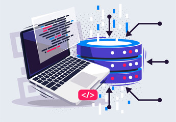 vector illustration of a data center, programming in a data center, information storage bank, laptop