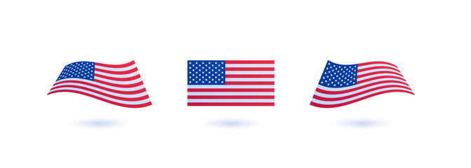 Wall Mural - American flag set. Vector illustration. Collection of flat and waving flag icon with shadow. Design element for holiday, elections infographic and web banner.