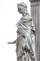 Poster - Old metal statue of a sensual woman as a prayer with holding hand and covered with spider net in downtown of Dresden in white background with copy space, Germany, details, closeup.