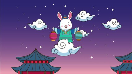 Wall Mural - happy chuseok celebration with chinese houses and rabbit lifting lanterns in cloud