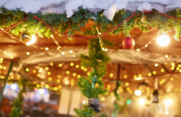 Christmas decorations on the street, colorful holiday bokeh lights, city night illumination