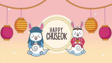 Sticker - happy chuseok lettering in circular frame with rabbits couple and lanterns hanging