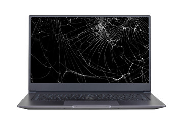 laptop with a broken, cracked screen isolated on white background close up front view